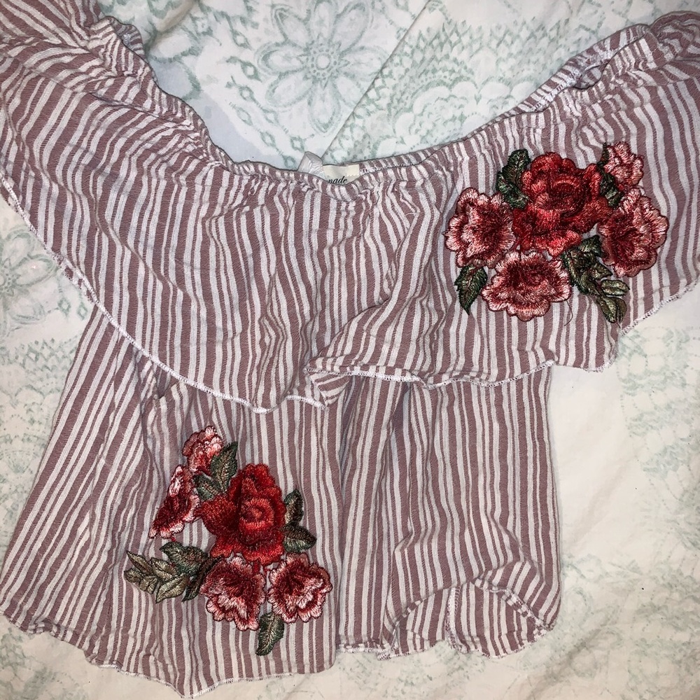 pink lemonade off the shoulder shirt